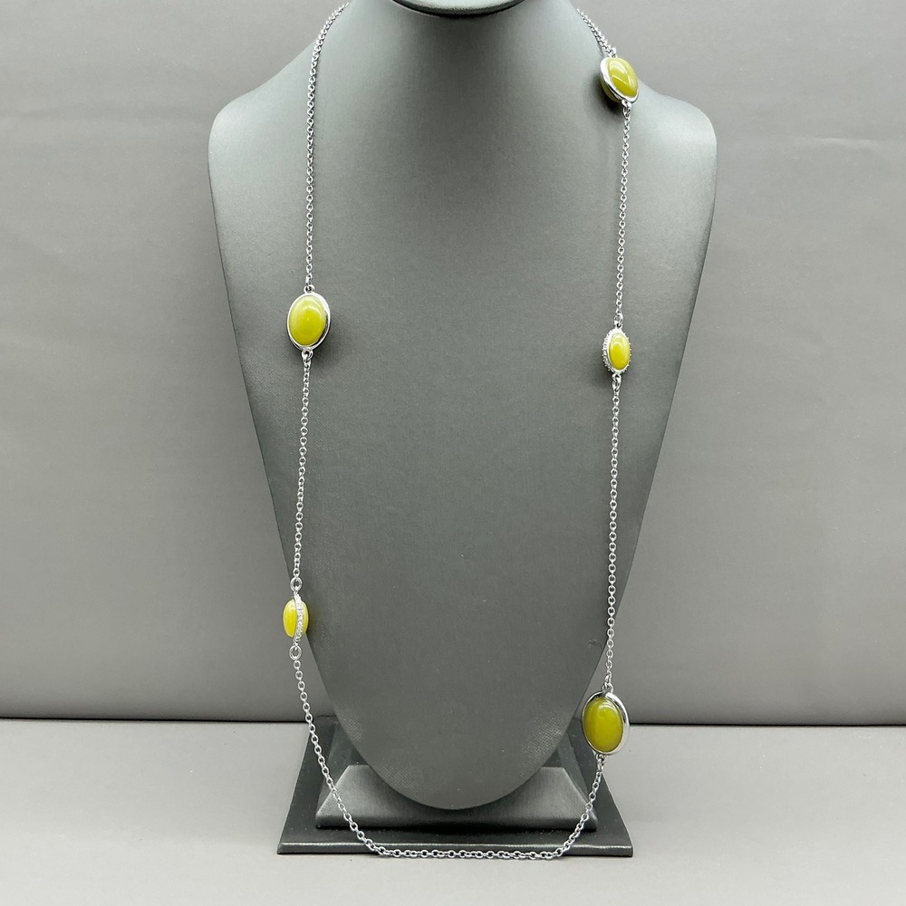 Ann Taylor Necklace Women Green Silver Tone Cabochon Bead Station Long Chain